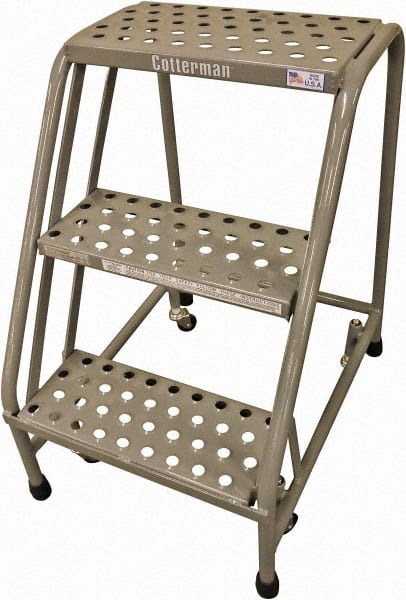 Cotterman - 30" 3 Step Rolling Warehouse Ladder - Rolling Safety Ladder, 450 Lb Capacity, 30" Platform Height, 20" Base Width x 27" Base Depth, Expanded Metal Tread - Exact Tooling