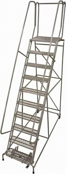 Cotterman - 130" 10 Step Rolling Warehouse Ladder - Rolling Safety Ladder, 450 Lb Capacity, 100" Platform Height, 32" Base Width x 84" Base Depth, Perforated Tread - Exact Tooling