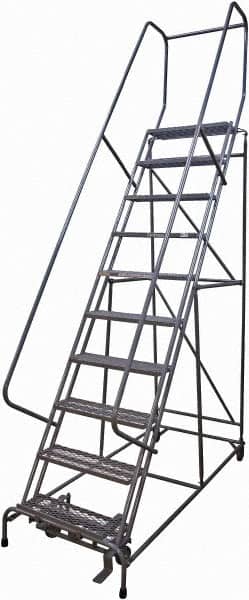Cotterman - 130" 10 Step Rolling Warehouse Ladder - Rolling Safety Ladder, 450 Lb Capacity, 100" Platform Height, 32" Base Width x 84" Base Depth, Serrated Steel - Exact Tooling