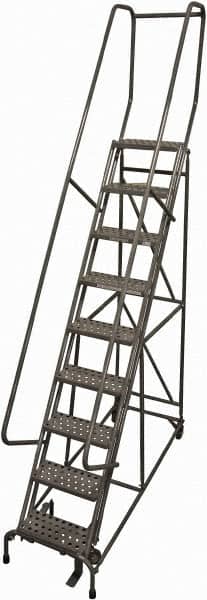 Cotterman - 120" 9 Step Rolling Warehouse Ladder - Rolling Safety Ladder, 450 Lb Capacity, 90" Platform Height, 24" Base Width x 77" Base Depth, Perforated Tread - Exact Tooling