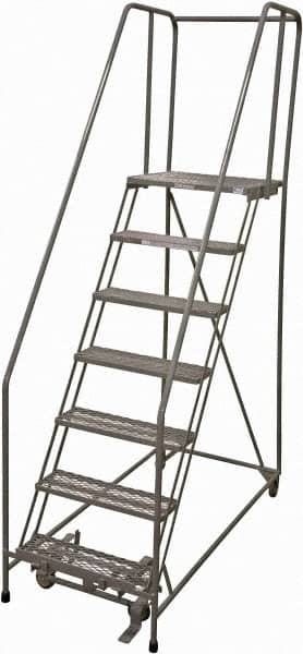 Cotterman - 100" 7 Step Rolling Warehouse Ladder - Rolling Safety Ladder, 450 Lb Capacity, 70" Platform Height, 30" Base Width x 63" Base Depth, Serrated Steel - Exact Tooling
