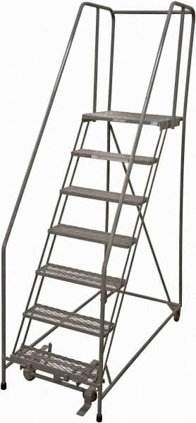 Cotterman - 100" 7 Step Rolling Warehouse Ladder - Rolling Safety Ladder, 450 Lb Capacity, 70" Platform Height, 24" Base Width x 63" Base Depth, Serrated Steel - Exact Tooling
