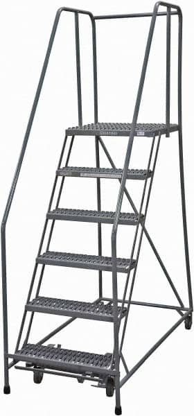 Cotterman - 90" 6 Step Rolling Warehouse Ladder - Rolling Safety Ladder, 450 Lb Capacity, 60" Platform Height, 30" Base Width x 56" Base Depth, Serrated Steel - Exact Tooling
