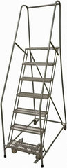 Cotterman - 100" 7 Step Rolling Warehouse Ladder - Rolling Safety Ladder, 450 Lb Capacity, 70" Platform Height, 24" Base Width x 53" Base Depth, Serrated Steel - Exact Tooling