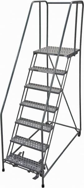 Cotterman - 100" 7 Step Rolling Warehouse Ladder - Rolling Safety Ladder, 450 Lb Capacity, 70" Platform Height, 30" Base Width x 63" Base Depth, Perforated Tread - Exact Tooling