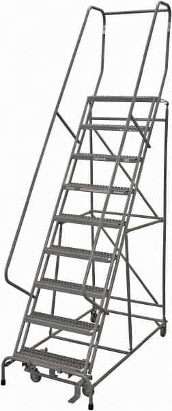Cotterman - 120" 9 Step Rolling Warehouse Ladder - Rolling Safety Ladder, 450 Lb Capacity, 90" Platform Height, 24" Base Width x 67" Base Depth, Serrated Steel - Exact Tooling