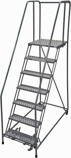 Cotterman - 100" 7 Step Rolling Warehouse Ladder - Rolling Safety Ladder, 450 Lb Capacity, 70" Platform Height, 30" Base Width x 63" Base Depth, Perforated Tread - Exact Tooling