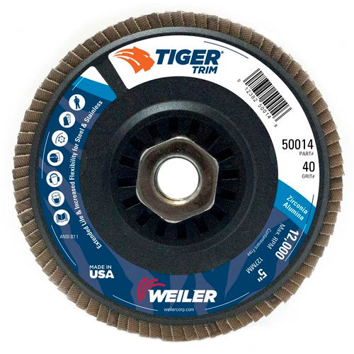 5″ Tiger Disc Abrasive Flap Disc, Angled, Trimmable Backing, 40Z, 5/8″-11 UNC Nut - Exact Tooling