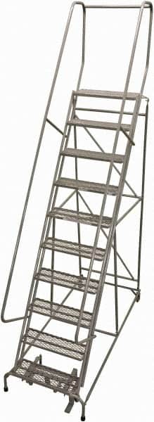 Cotterman - 130" 10 Step Rolling Warehouse Ladder - Rolling Safety Ladder, 450 Lb Capacity, 100" Platform Height, 32" Base Width x 72" Base Depth, Perforated Tread - Exact Tooling
