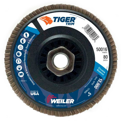 5″ Tiger Disc Abrasive Flap Disc, Angled, Trimmable Backing, 80Z, 5/8″-11 UNC Nut - Exact Tooling