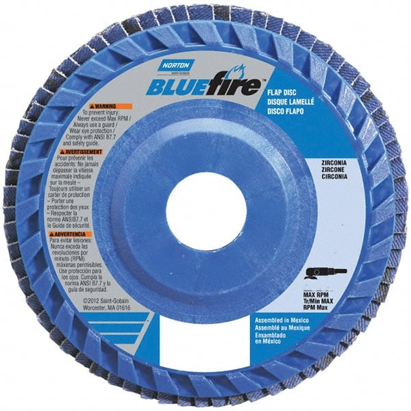 Norton - 40 Grit, 6" Disc Diam, 7/8" Center Hole, Type 27 Zirconia Alumina Flap Disc - 10,200 Max RPM, Cloth Backing, Arbor Attaching System, Coated - Exact Tooling