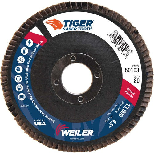 ‎4-1/2″ Saber Tooth Ceramic Abrasive Flap Disc, Angled, Phenolic Backing, 80C, 7/8″ Arbor Hole - Exact Tooling