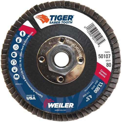 4-1/2″ Saber Tooth Ceramic Abrasive Flap Disc, Angled, Phenolic Back,80C, 5/8″-11 UNC Nut - Exact Tooling