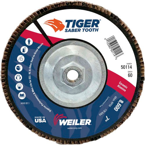 7″ Saber Tooth Ceramic Abrasive Flap Disc, Angled, Phenolic Backing, 60C, 5/8″-11 UNC Nut - Exact Tooling