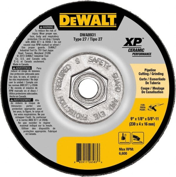 DeWALT - 24 Grit, 9" Wheel Diam, Type 27 Depressed Center Wheel - Coarse/Medium Grade, Ceramic, N Hardness, 6,600 Max RPM - Exact Tooling