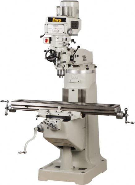 Enco - 9" Table Width x 49" Table Length, Variable Speed Pulley Control, 1 Phase Knee Milling Machine - R8 Spindle Taper, 3 hp - Exact Tooling