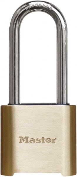 Master Lock - 2" Body Width x 3" Body Height, 2" Shackle Clearance, Brass Finish Combination Lock - 5/16" Shackle Diam, 1" Shackle Width, Set Your Own 4 Digit Combination - Exact Tooling