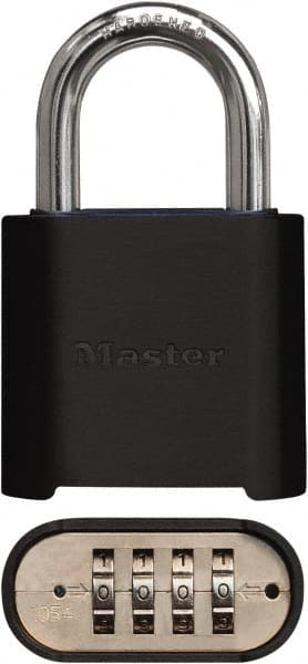 Master Lock - 2" Body Width x 3" Body Height, 1" Shackle Clearance, Powder Coating Combination Lock - 5/16" Shackle Diam, 1" Shackle Width, Set Your Own 4 Digit Combination - Exact Tooling
