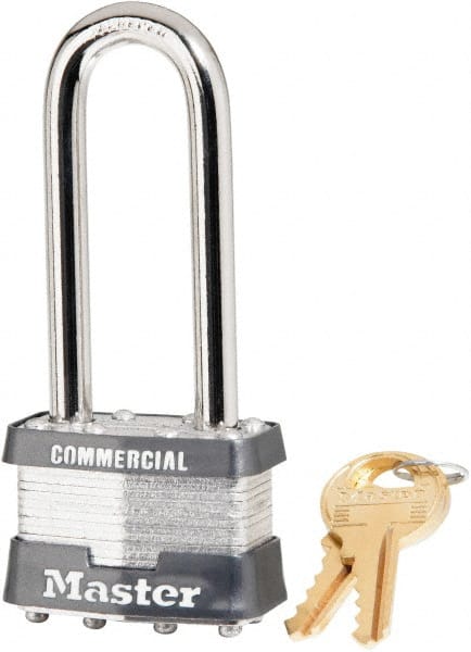 Master Lock - 2-1/2" Shackle Clearance, Keyed Different Laminated Steel Padlock - 5/16" Shackle Diam, Steel - Exact Tooling