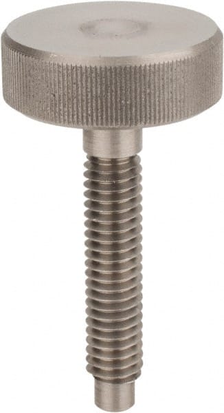 Morton Machine Works - M4x0.70 Knurled Shoulderless Dog Point Tip Grade 303 Stainless Steel Thumb Screw - 59mm OAL, 19mm Head Diam x 8mm Head Height - Exact Tooling