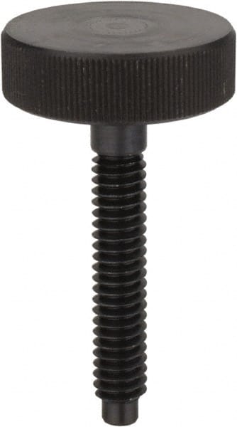 Morton Machine Works - M4x0.70 Knurled Shoulderless Dog Point Tip Grade C-12L14 Steel Thumb Screw - 57mm OAL, 19mm Head Diam x 6mm Head Height - Exact Tooling
