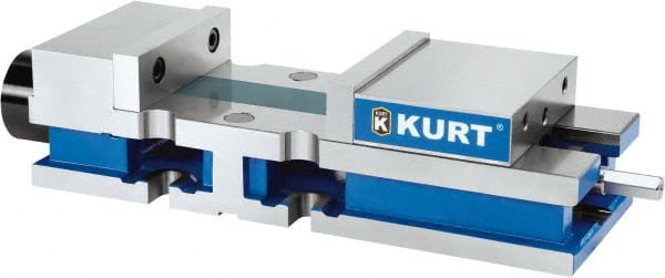 Kurt - 8" Jaw Width, 10-1/4" Jaw Opening Capacity, Horizontal Stationary Machine Vise - Reverse Hydraulic Operation, 1 Station, 27" Long x 6" High x 1" Deep, 6" Jaw Height, 3,200 Lb Max Clamp Force, Ductile Iron - Exact Tooling
