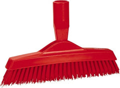 Vikan - 1.6" Bristle Length, Polyester Utility Scrub Brush - 9" Long x 1-1/2" Wide Head, 9-1/4" OAL, European Threaded Handle, Red, Polypropylene Block - Exact Tooling
