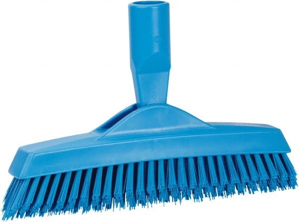 Vikan - 1.6" Bristle Length, Polyester Utility Scrub Brush - 9" Long x 1-1/2" Wide Head, 9-1/4" OAL, European Threaded Handle, Blue, Polypropylene Block - Exact Tooling