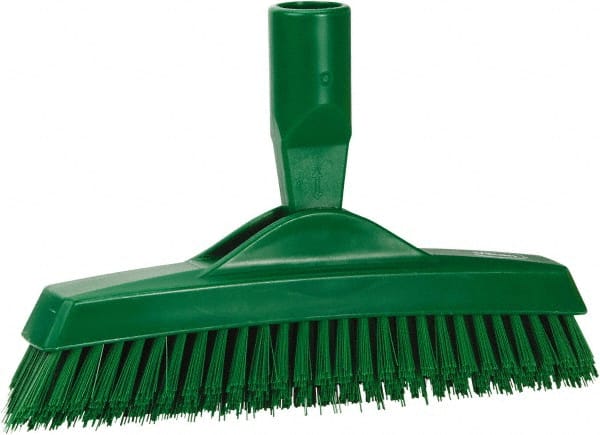 Vikan - 1.6" Bristle Length, Polyester Utility Scrub Brush - 9" Long x 1-1/2" Wide Head, 9-1/4" OAL, European Threaded Handle, Green, Polypropylene Block - Exact Tooling