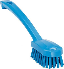 Vikan - 0.8" Bristle Length, Polyester Food Service Brush - 3" Long x 1.6" Wide Head, 10.2" OAL, Ergonomic Handle, Blue, Polypropylene Block - Exact Tooling