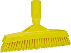 Vikan - 1.6" Bristle Length, Polyester Utility Scrub Brush - 9" Long x 1-1/2" Wide Head, 9-1/4" OAL, European Threaded Handle, Yellow, Polypropylene Block - Exact Tooling