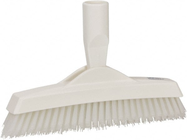 Vikan - 1.6" Bristle Length, Polyester Utility Scrub Brush - 9" Long x 1-1/2" Wide Head, 9-1/4" OAL, European Threaded Handle, White, Polypropylene Block - Exact Tooling
