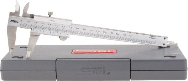 SPI - 0 to 150mm Stainless Steel Vernier Caliper - 0.02mm Graduation, 1.57" Jaw Depth, 0.02" Accuracy, Includes NIST Traceability Certificate - Exact Tooling