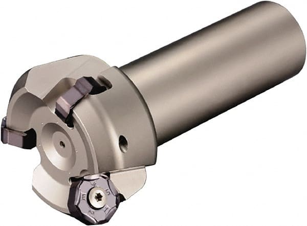 Kyocera - 45° Lead Angle, 2.31" Max Cut Diam, 2" Min Cut Diam, 0.23" Max Depth of Cut, Indexable Chamfer and Angle End Mill - 3 Inserts, PNEU 1205, PNMU 1205 Insert Style, 3.6" Overall Length, Straight Shank - Exact Tooling