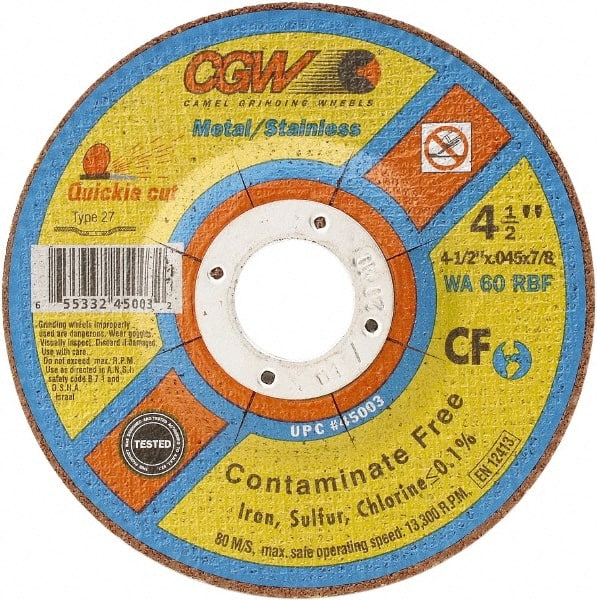 Camel Grinding Wheels - 60 Grit, 4-1/2" Wheel Diam, Type 27 Depressed Center Wheel - Medium Grade, Aluminum Oxide, Resinoid Bond, R Hardness, 13,300 Max RPM - Exact Tooling