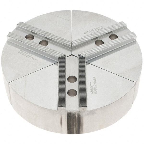 Abbott Workholding Products - 8" Max Chuck Capacity, 1/16" x 90° Serrated Interface, Round Soft Lathe Chuck Jaw - 3 Jaw, Aluminum, 0.984" Btw Mount Hole Ctrs, 8" Wide, 2" High, 12mm Fastener - Exact Tooling