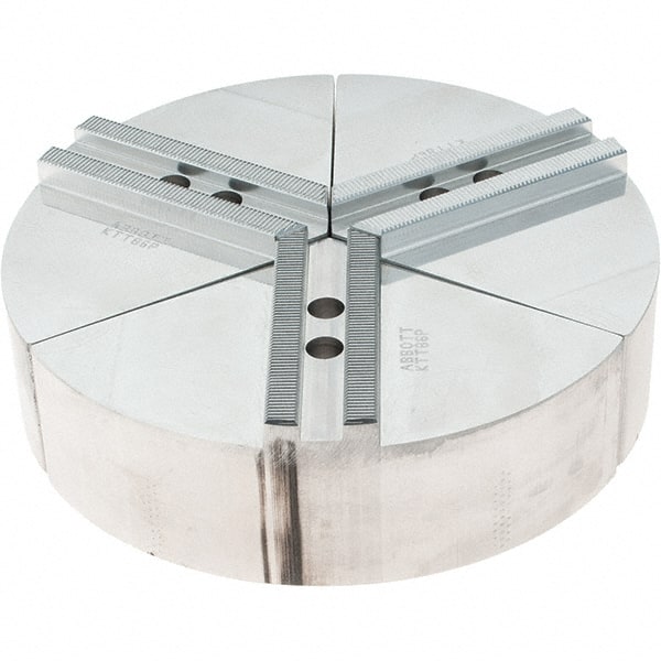 Abbott Workholding Products - 6" Max Chuck Capacity, 1.5mm x 60° Serrated Interface, Round Soft Lathe Chuck Jaw - 3 Jaw, Aluminum, 0.7874" Btw Mount Hole Ctrs, 8" Wide, 2" High, 10mm Fastener - Exact Tooling