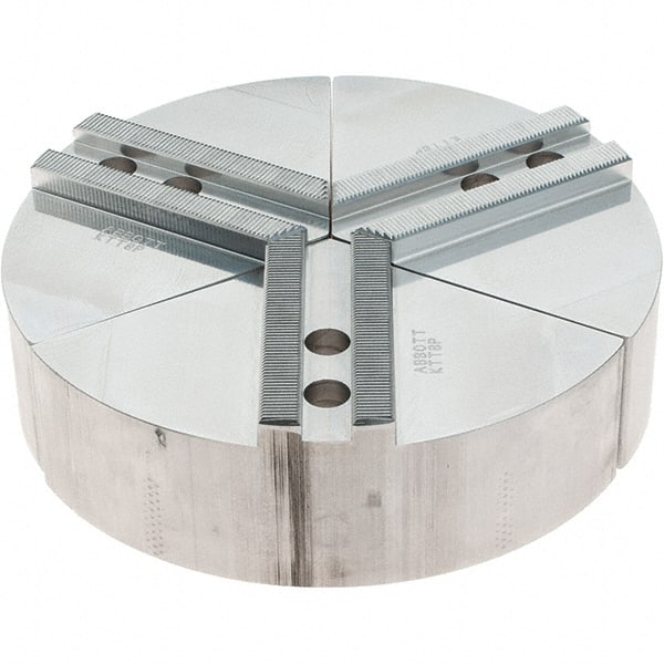Abbott Workholding Products - 8" Max Chuck Capacity, 1.5mm x 60° Serrated Interface, Round Soft Lathe Chuck Jaw - 3 Jaw, Aluminum, 0.9843" Btw Mount Hole Ctrs, 8" Wide, 2" High, 12mm Fastener - Exact Tooling
