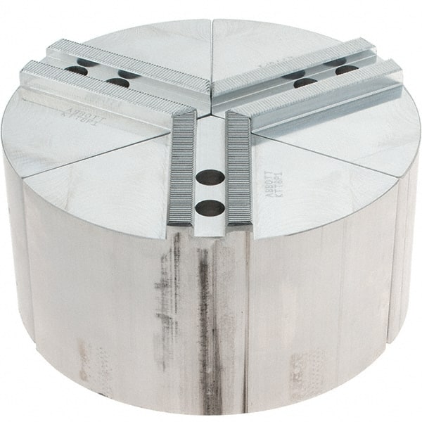 Abbott Workholding Products - 8" Max Chuck Capacity, 1.5mm x 60° Serrated Interface, Round Soft Lathe Chuck Jaw - 3 Jaw, Aluminum, 0.9843" Btw Mount Hole Ctrs, 8" Wide, 4" High, 12mm Fastener - Exact Tooling