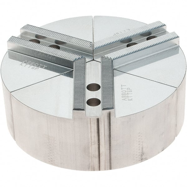 Abbott Workholding Products - 6" Max Chuck Capacity, 1.5mm x 60° Serrated Interface, Round Soft Lathe Chuck Jaw - 3 Jaw, Aluminum, 0.7874" Btw Mount Hole Ctrs, 6" Wide, 2" High, 10mm Fastener - Exact Tooling
