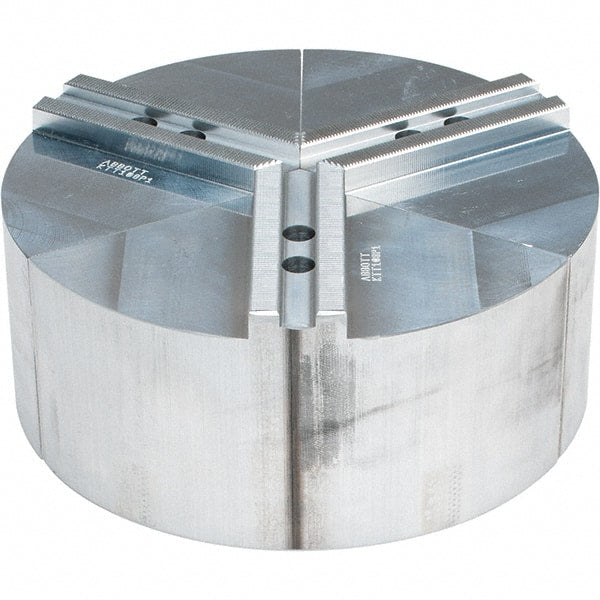 Abbott Workholding Products - 8" Max Chuck Capacity, 1.5mm x 60° Serrated Interface, Round Soft Lathe Chuck Jaw - 3 Jaw, Aluminum, 0.9843" Btw Mount Hole Ctrs, 10" Wide, 4" High, 12mm Fastener - Exact Tooling