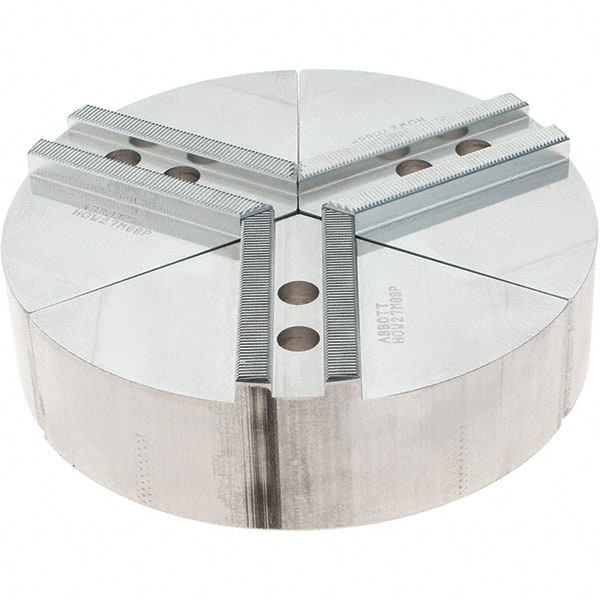 Abbott Workholding Products - 8" Max Chuck Capacity, 1.5mm x 60° Serrated Interface, Round Soft Lathe Chuck Jaw - 3 Jaw, Aluminum, 0.9843" Btw Mount Hole Ctrs, 8" Wide, 2" High, 12mm Fastener - Exact Tooling