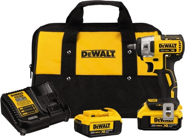 DeWALT - 3/8" Drive 20 Volt Mid-Handle Cordless Impact Wrench & Ratchet - 2,800 RPM, 0 to 3,200 BPM, 150 Ft/Lb Torque, 2 Lithium-Ion Batteries Included - Exact Tooling