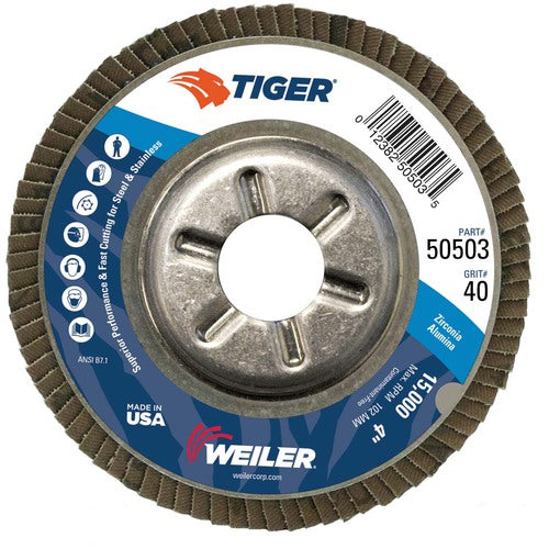 4″ Tiger Disc Abrasive Flap Disc, Angled, Alum. Backing, 40Z, 5/8″ Arbor Hole - Exact Tooling