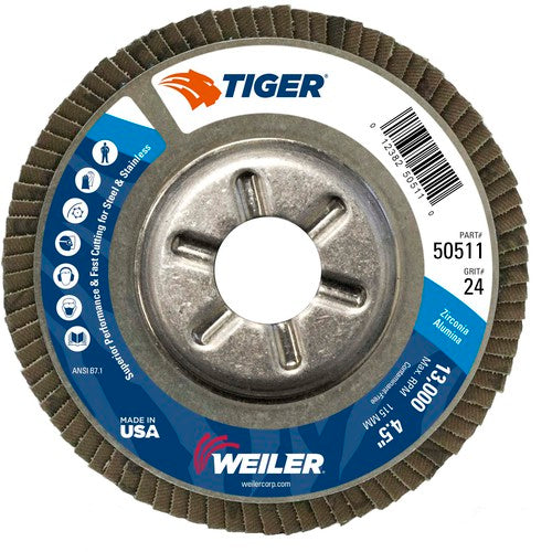 4-1/2″ Tiger Disc Abrasive Flap Disc, Angled, Alum. Backing, 24Z, 7/8″ Arbor Hole - Exact Tooling