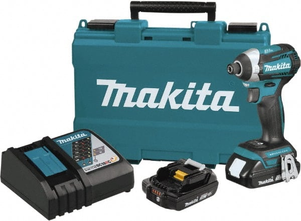 Makita - 18 Volt, 1/4" Drive, 20 Ft/Lb Torque, Cordless Impact Driver - Pistol Grip Handle, 3600 RPM, 2 Lithium-Ion Batteries Included - Exact Tooling