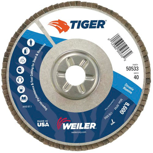 7″ Tiger Disc Abrasive Flap Disc, Angled, Alum. Backing, 40Z, 7/8″ Arbor Hole - Exact Tooling