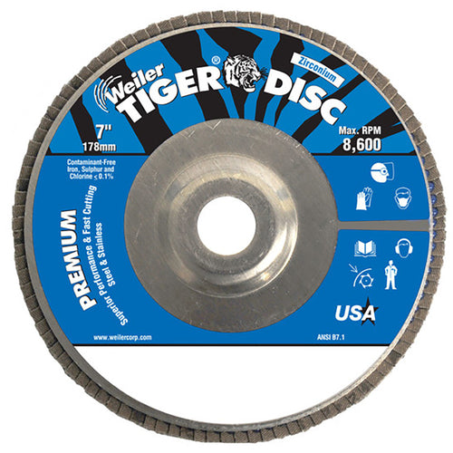 7″ Tiger Disc Abrasive Flap Disc, Angled, Alum. Backing, 80Z, 7/8″ Arbor Hole - Exact Tooling