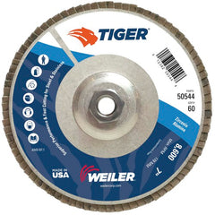 7″ Tiger Disc Abrasive Flap Disc, Angled, Alum. Backing, 60Z, 5/8″-11 UNC Nut - Exact Tooling