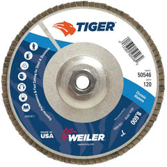7″ Tiger Disc Abrasive Flap Disc, Angled, Alum. Backing, 120Z, 5/8″-11 UNC Nut - Exact Tooling